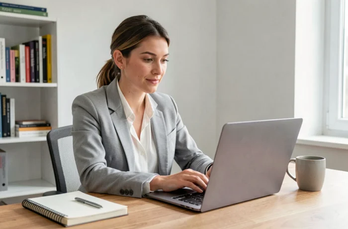 Femme professionnelle consultant des offres d'emploi en ligne sur un ordinateur portable dans un bureau à domicile moderne