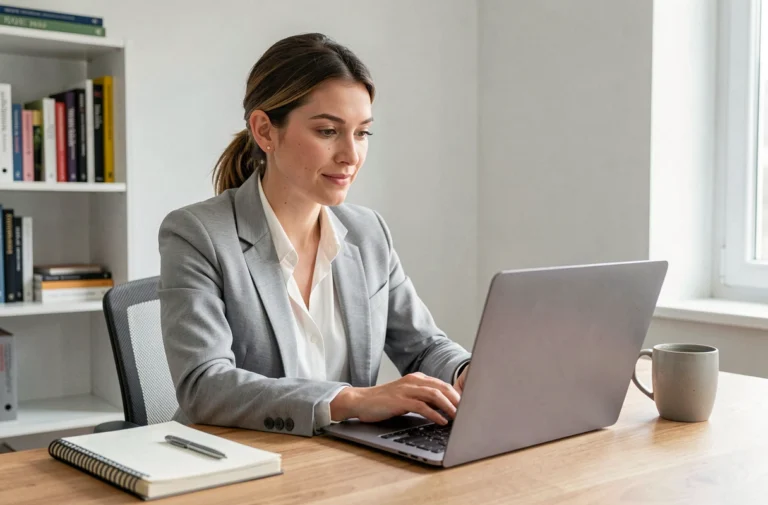 Femme professionnelle consultant des offres d'emploi en ligne sur un ordinateur portable dans un bureau à domicile moderne