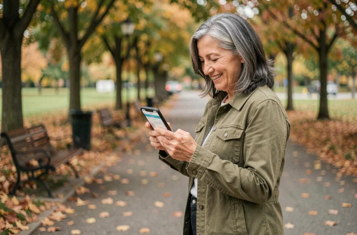 Femme de 55 ans consultant une application de planification de retraite dans un parc en automne