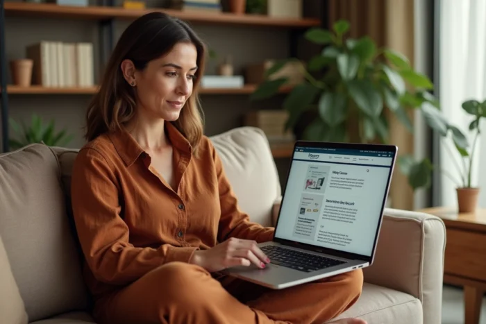 Femme naviguant sur un site web depuis son canapé à la maison, explorant des services et des ressources numériques incontournables