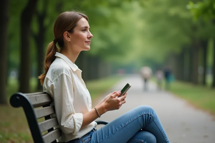 Femme songeuse sur un banc de parc analysant un message ambigu sur son téléphone