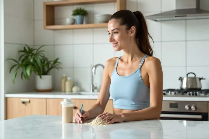 Femme sportive dans une cuisine moderne préparant une boisson avec créatine et probiotiques après l'entraînement