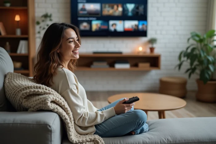 Jeune femme regardant un service de streaming gratuit sur sa télévision dans un salon moderne et confortable