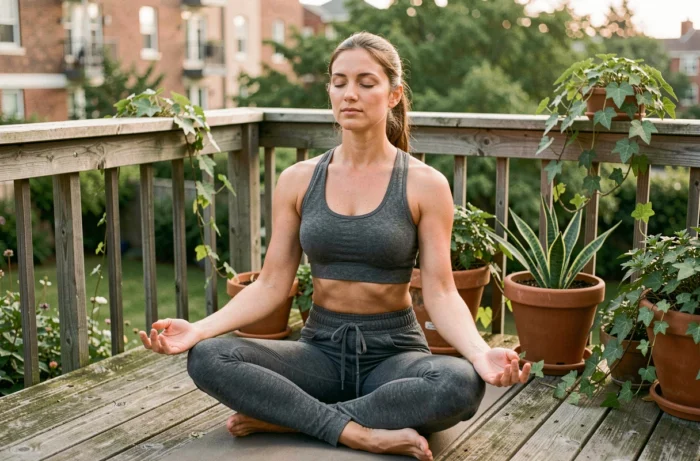 Femme pratiquant le yoga sur un balcon en bois entouré de plantes vertes pour améliorer son bien-être quotidien