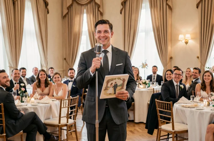 Maître de cérémonie en costume élégant tenant un livre illustré et guidant les invités à travers un fil narratif lors d'un repas de mariage