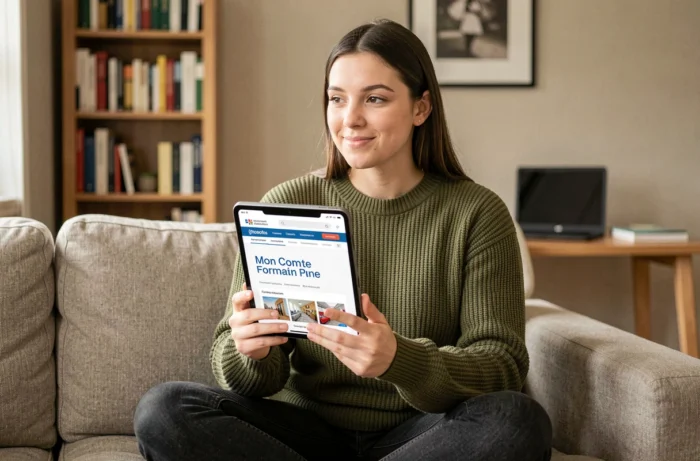 Jeune femme consultant une plateforme de financement de formation sur tablette depuis son domicile