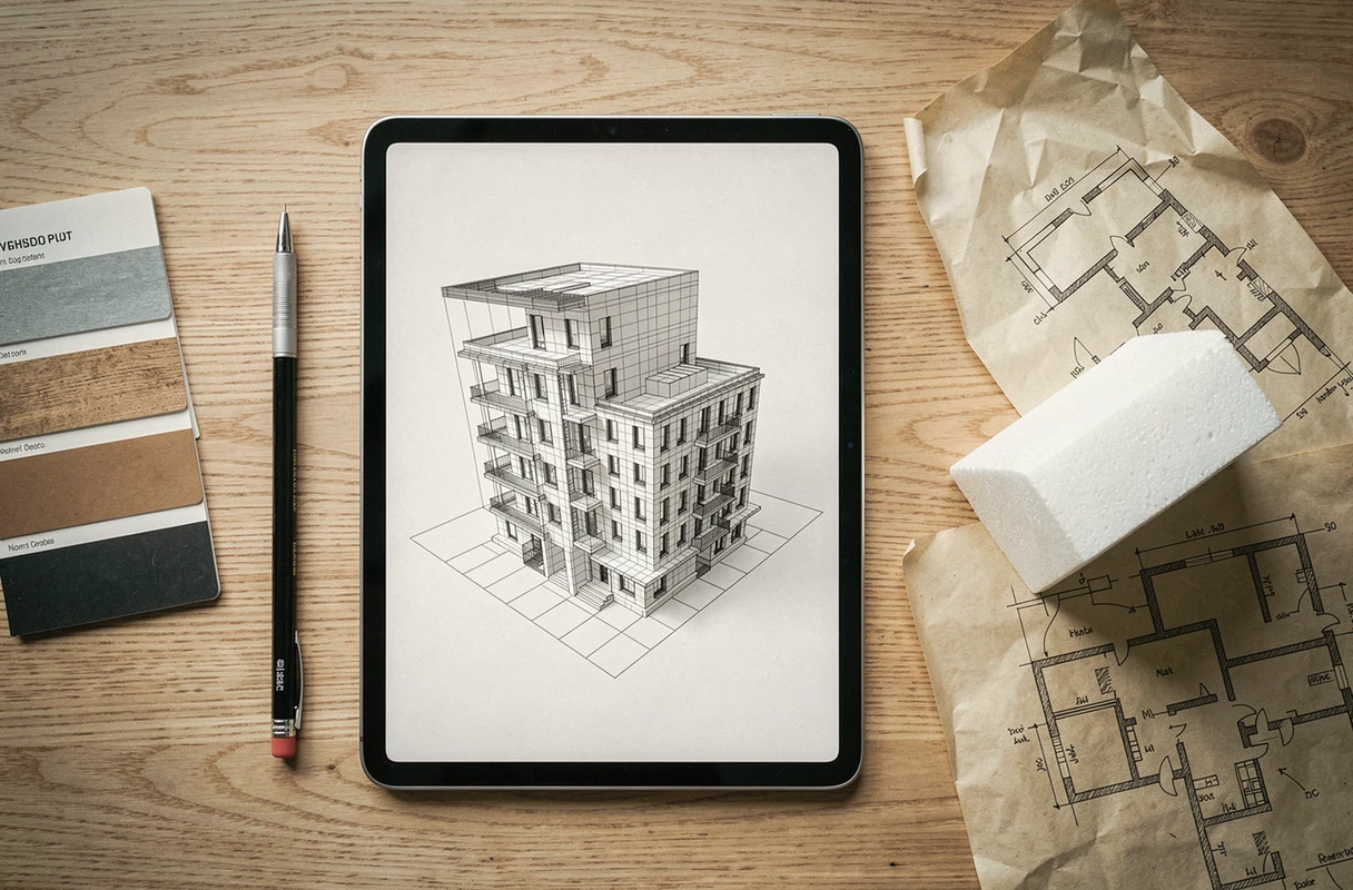 Vue en plongée d'une tablette affichant un modèle 3D architectural entourée d'outils de design et d'une maquette en mousse sur une table à dessin