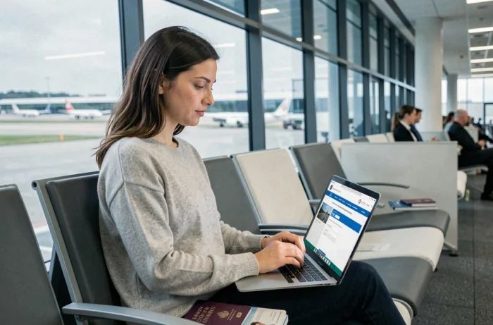 Une voyageuse remplissant un formulaire numérique d'autorisation de voyage sur son ordinateur dans un terminal d'aéroport