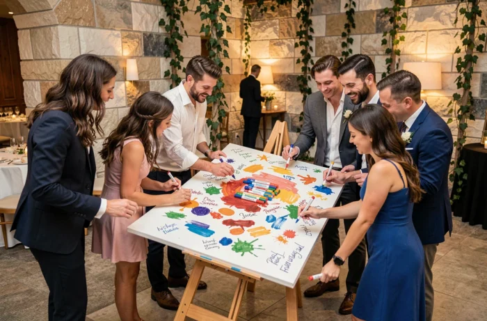 Invités de mariage peignant ensemble une fresque collective sur une grande toile utilisée comme livre d'or original