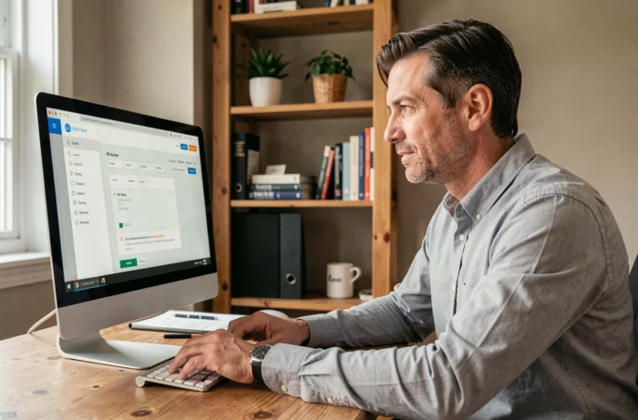Homme gérant son compte RH Altran depuis un bureau à domicile avec un ordinateur de bureau