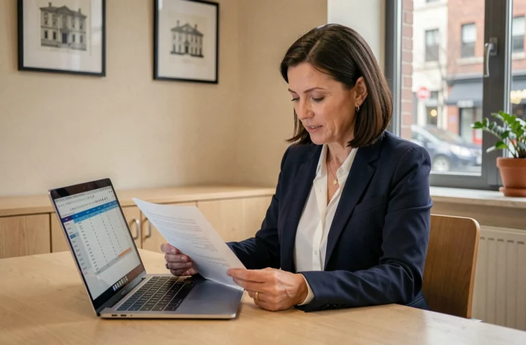 Gestionnaire LMNP femme professionnelle analysant des documents de location sur ordinateur portable dans un bureau moderne