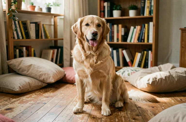 Golden retriever assis sur un parquet en bois dans un salon chaleureux, langue pendante et regard attentif