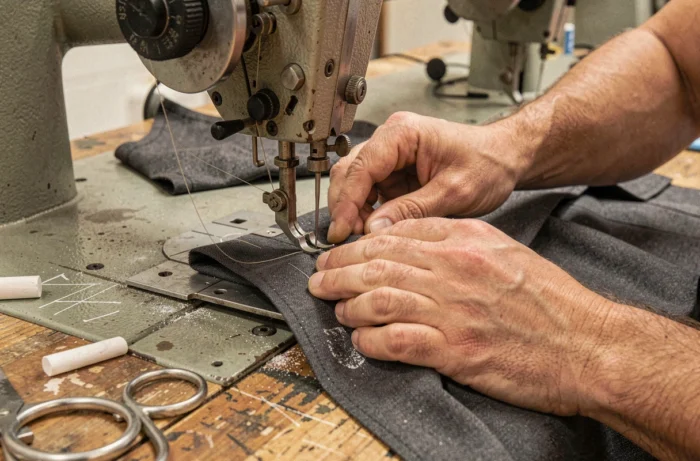 Gros plan sur les mains d'un couturier guidant du tissu sous une machine à coudre industrielle en usine