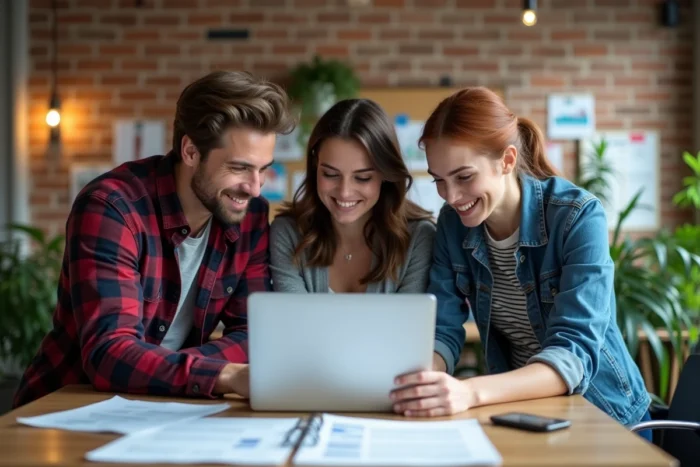 Groupe de jeunes adultes collaborant autour d'un ordinateur dans un espace de coworking dédié à l'insertion professionnelle des jeunes