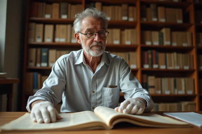 Historien consultant des archives coloniales françaises dans une bibliothèque universitaire, recherche sur l'étymologie et l'histoire des mots discriminatoires