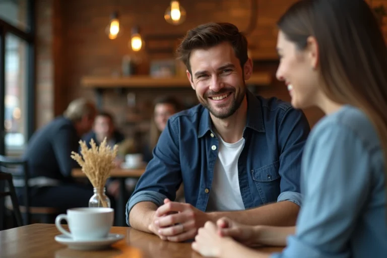 Homme amoureux regardant attentivement sa petite amie dans un café, illustrant la fidélité et l'attention dans un couple