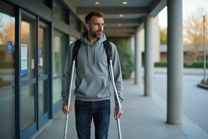 Jeune homme avec des béquilles devant l'entrée accessible d'un bâtiment public avec pictogramme PMR