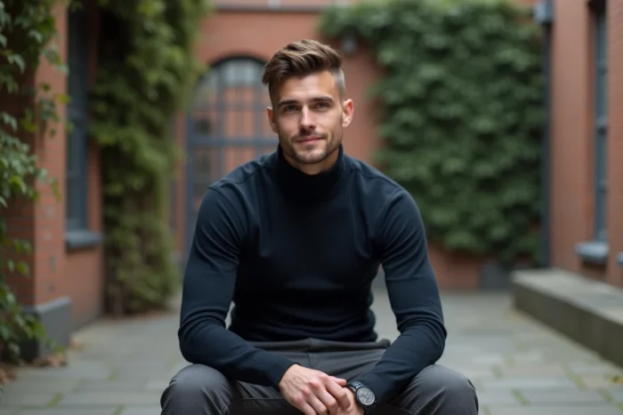 Homme stylé avec coupe undercut texturée et col roulé marine dans une cour urbaine, tendances coiffure homme