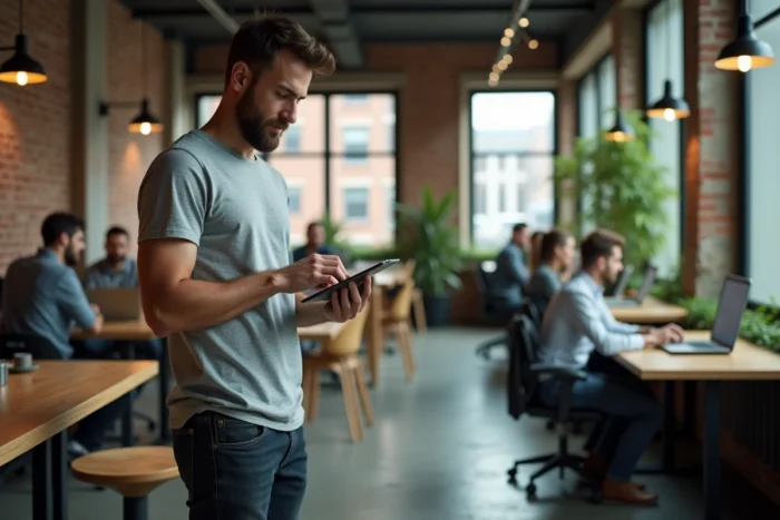 Homme consultant des actualités et ressources en ligne sur une tablette dans un espace de coworking moderne