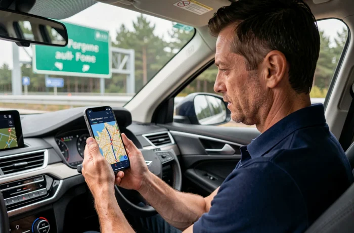 Homme consultant une carte GPS des autoroutes françaises sur smartphone depuis son véhicule à une aire d'autoroute
