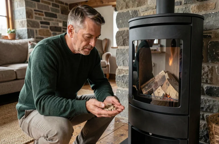 Homme examinant des granulés de bois Piveteau dans sa main devant un poêle à pellets moderne