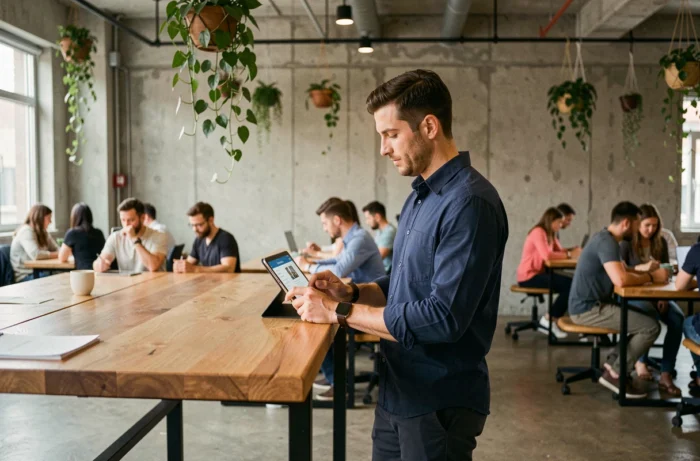 Jeune homme professionnel consultant des offres d'emploi sur une tablette dans un espace de coworking moderne