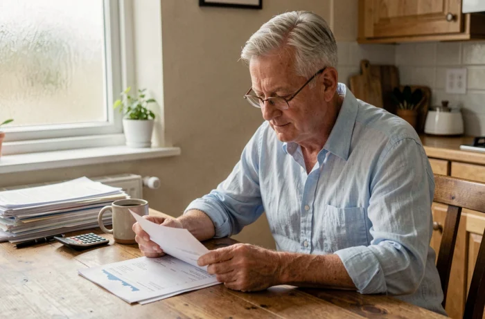 Homme de 58 ans examinant des documents financiers pour préparer sa retraite anticipée à la table de sa cuisine