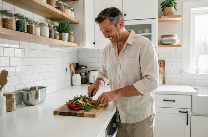 Homme préparant une salade de légumes frais dans une cuisine moderne pour adopter une alimentation saine au quotidien