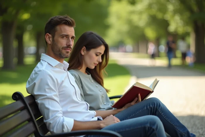Homme en couple regardant brièvement ailleurs dans un parc, sa partenaire à ses côtés, illustrant le débat sur le regard masculin en relation