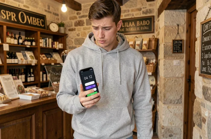 Jeune homme vérifiant un numéro de téléphone avec l'indicatif 04 12 sur son smartphone dans une boutique française