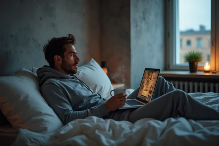Homme regardant des films en streaming gratuit sur son ordinateur portable dans une chambre moderne et relaxante