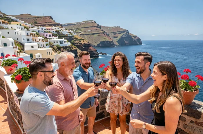 Un groupe d'amis trinquant sur une terrasse ensoleillée aux îles Canaries avec vue sur la côte volcanique