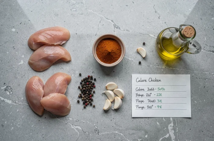 Vue du dessus des ingrédients du Pepe Chicken avec calcul des calories fait maison sur comptoir gris