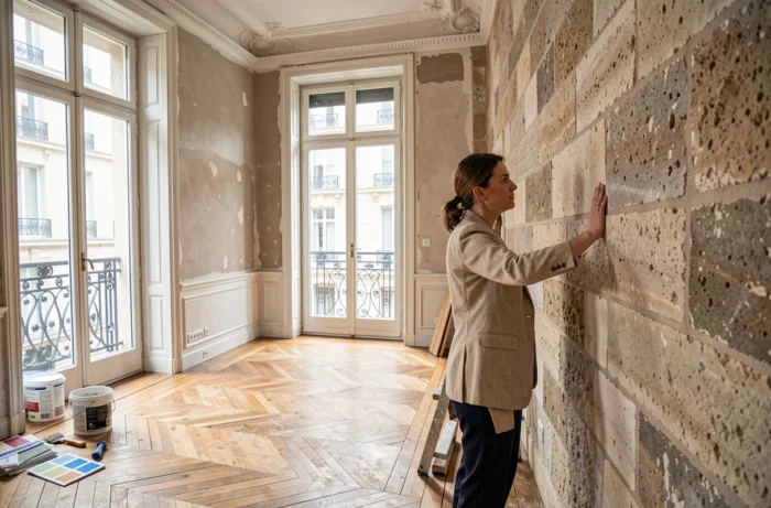 Femme inspectant un appartement ancien en cours de rénovation avec parquet en bois et murs en pierre typiques de l'immobilier parisien