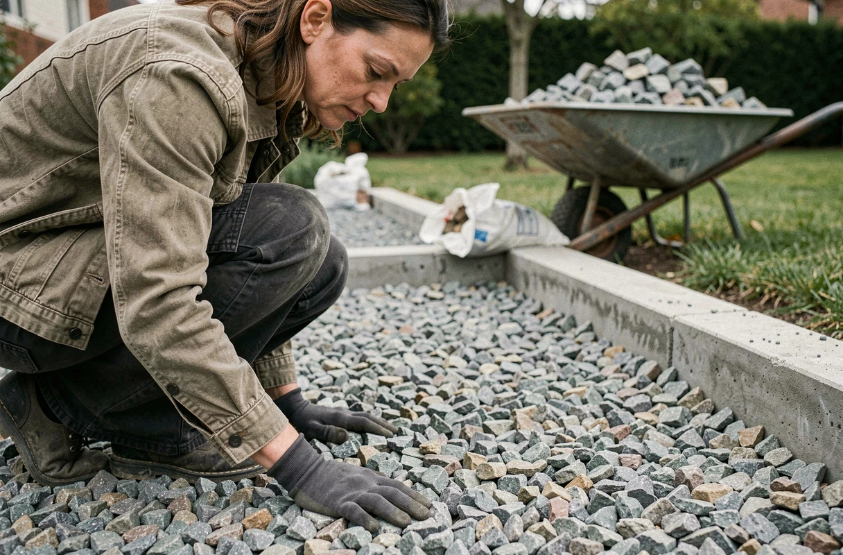 Femme inspectant la surface compactée d'une zone de gravier lors de l'aménagement d'un patio extérieur