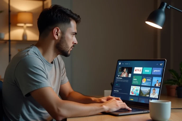 Homme installant l'application SFR TV sur un ordinateur portable à son bureau à domicile