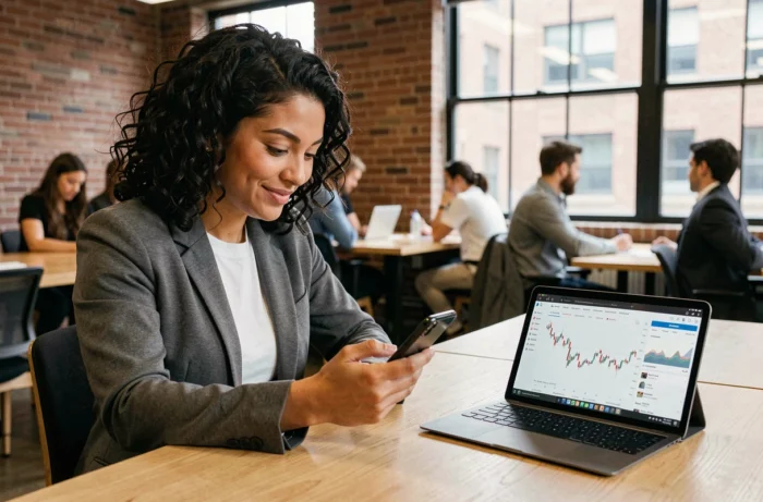 Jeune femme consultant une application d'investissement boursier dans un espace de coworking moderne