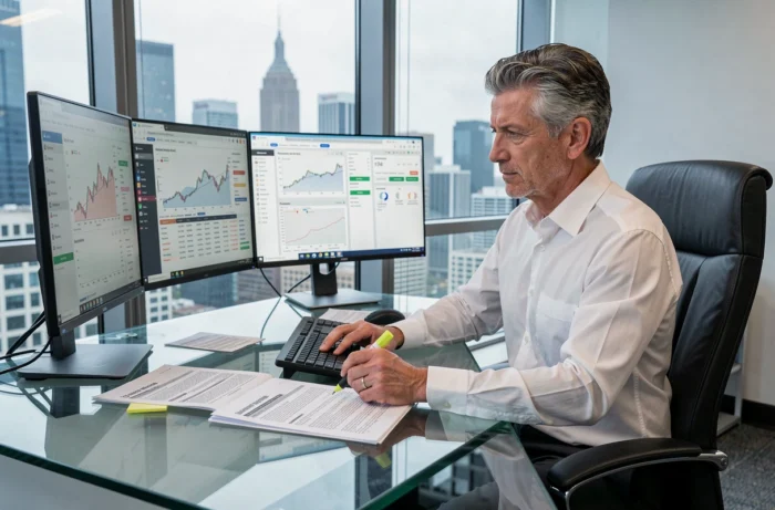 Investisseur expérimenté analysant des rapports boursiers et des plateformes de trading en ligne dans un bureau corporate