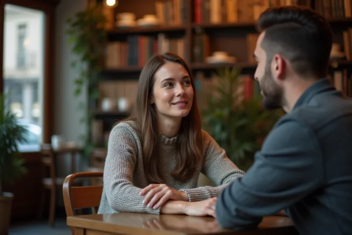 Couple attablé dans un café parisien échangeant une conversation émotionnelle ambiguë