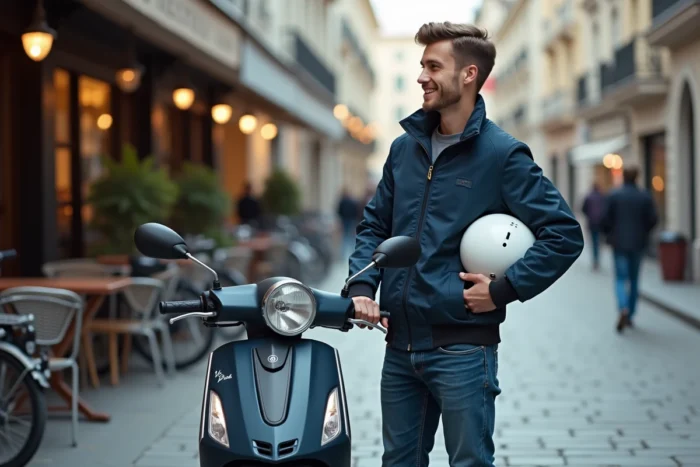 Jeune conducteur debout à côté de sa moto 50cc homologuée sur un trottoir urbain européen