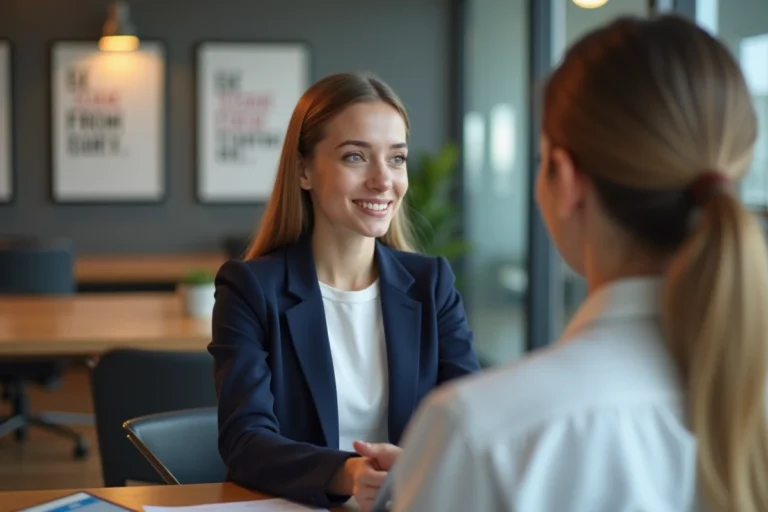 Jeune femme en entretien de conseil professionnel dans un centre pour l'emploi des jeunes, face à un conseiller devant un ordinateur portable
