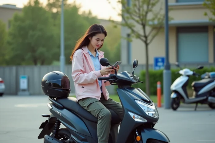 Jeune femme assise sur une moto 50cc homologuée dans un parking de lycée en banlieue