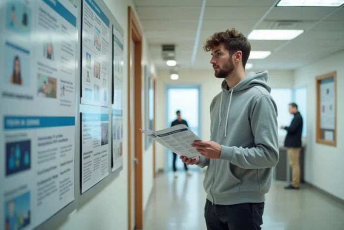 Jeune homme consultant un tableau d'affichage avec des informations sur les services et formations professionnelles pour les jeunes dans une maison de l'emploi