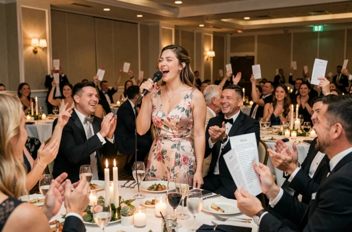 Invitée en robe fleurie chantant au karaoké surprise devant des convives enthousiastes lors d'un repas de mariage