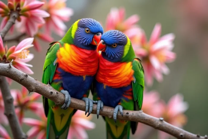 Deux lorikets arc-en-ciel perchés sur une branche d'eucalyptus en fleurs dans un jardin australien, plumage multicolore en détail photographique