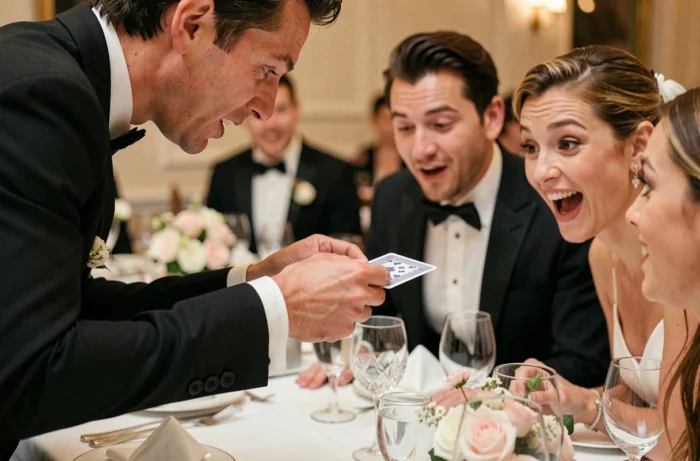 Magicien en costume noir réalisant un tour de cartes à une table de mariage devant des invités émerveillés