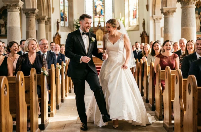 Marié trébuchant sur la robe de mariée dans l'allée d'une église lors du cortège nuptial, moment drôle et spontané