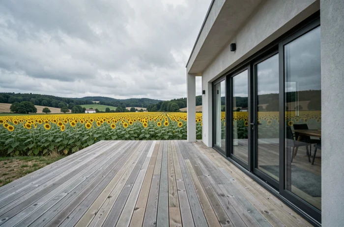 Maison contemporaine neuve avec terrasse en bois et vue sur la campagne du Tarn