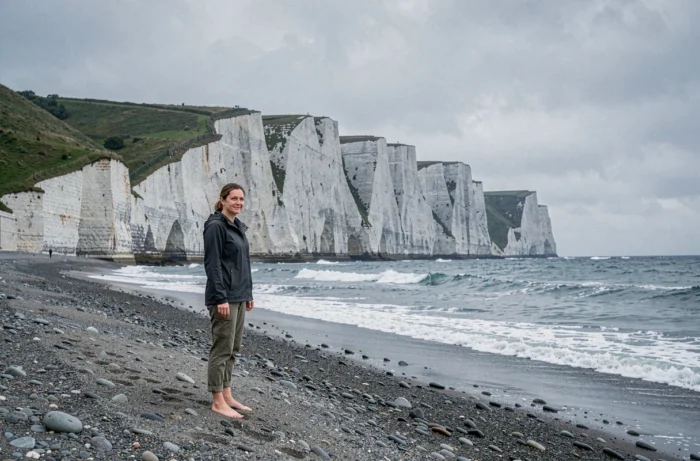 Une voyageuse en veste imperméable sur une plage de galets de la Manche avec des falaises blanches en arrière-plan