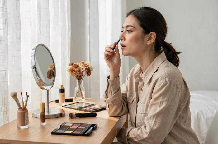 Femme se maquillant avec du mascara devant une coiffeuse en bois minimaliste dans une chambre lumineuse